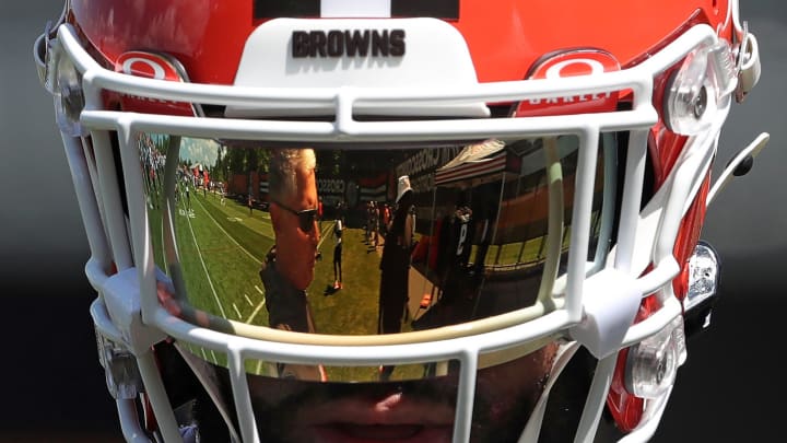 Browns defensive coordinator Jim Schwartz is reflected in safety Juan Thornhill's visor during minicamp, Tuesday, June 11, 2024, in Berea. Browns defensive coordinator Jim Schwartz is reflected in safety Juan Thornhill's visor during minicamp, Tuesday, June 11, 2024, in Berea.