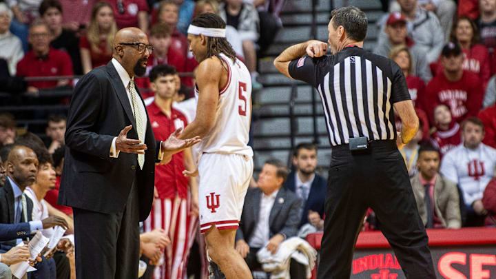 Indiana Head Coach Mike Woodson questions a call against Malik Reneau (5) during the Indiana versus Maryland men's basketball game at Simon Skjodt Assembly Hall on Sunday, Jan. 26, 2025.