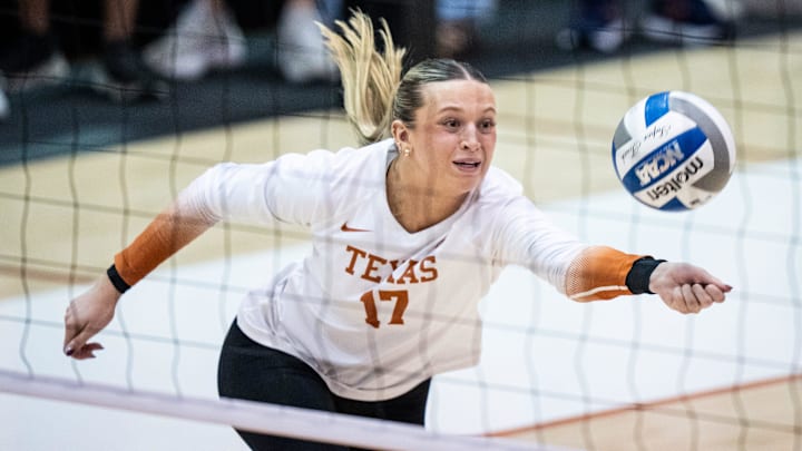 Texas setter Averi Carlson bumps the ball during the Longhorns' match-up with the Missouri Tigers at the Gregory Gym in Austin, Nov. 1, 2024.