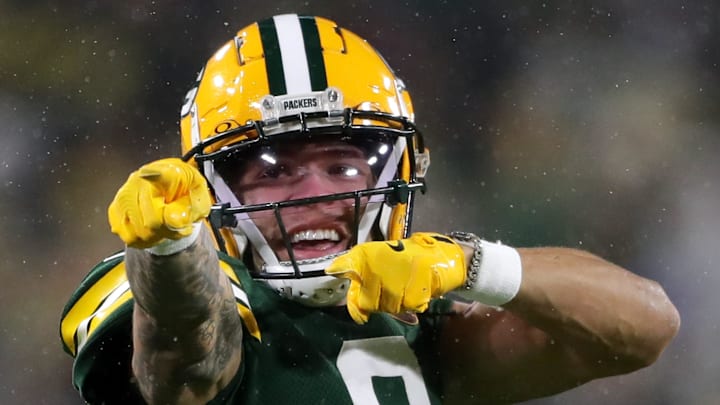 Green Bay Packers wide receiver Christian Watson reacts after making a catch last season. Watson returned to practice after last year's torn ACL. Green Bay Packers wide receiver Christian Watson reacts after making a catch last season. Watson returned to practice after last year's torn ACL.