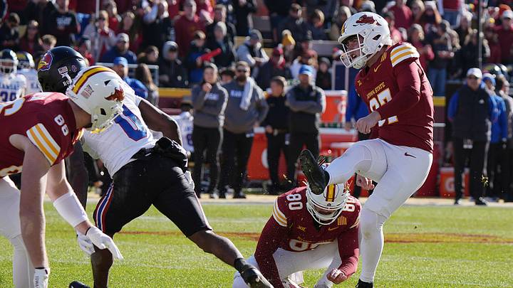 Iowa State Cyclones' kicker Kyle Konrardy (97) kicks the ball for a field goal against Kansas during the first quarter in the senior day on Nov. 22, 2025, at Jack Trice Stadium in Ames, Iowa Iowa State Cyclones' kicker Kyle Konrardy (97) kicks the ball for a field goal against Kansas during the first quarter in the senior day on Nov. 22, 2025, at Jack Trice Stadium in Ames, Iowa