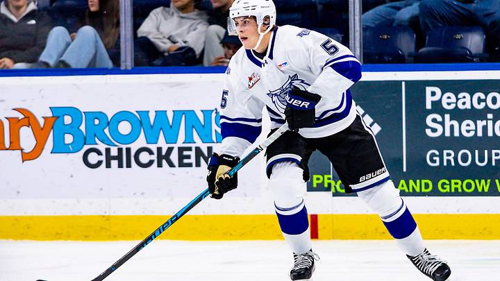 KELOWNA, BRITISH COLUMBIA - OCTOBER 15: Timofei Runtso #5 of the Victoria Royals skates against the Kelowna Rockets at Prospera Place on October 15, 2025 in Kelowna, British Columbia. (Photo by Steve Dunsmoor/Getty Images)