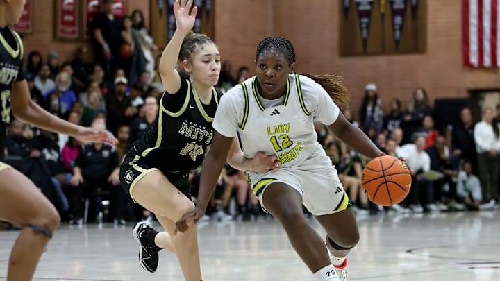 Ontario Christian freshman Tati Griffin drives hard to the basket en route to two of her 14 points, helping the Knights beat Archbishop Mitty 61-44 in the premier game of the 4th Sabrina Ionescu Classic in Concord 1/4/2025. Griffin had a much bigger outing last week in first-ever Southern Section title win over Etiwanda. 