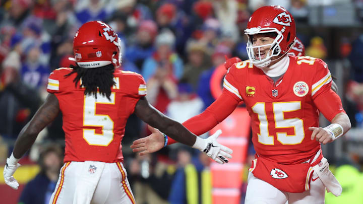 Jan 26, 2025; Kansas City, MO, USA; Kansas City Chiefs quarterback Patrick Mahomes (15) reacts after a touchdown against the Buffalo Bills during the first quarter in the AFC Championship game at GEHA Field at Arrowhead Stadium. Mandatory Credit: Mark J. Rebilas-Imagn Images