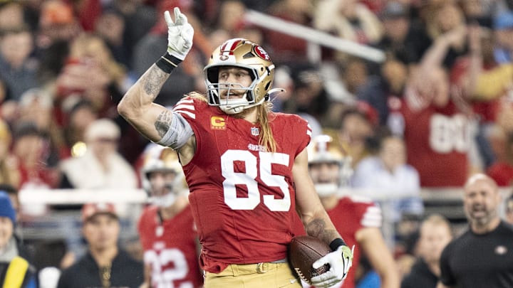 December 30, 2024; Santa Clara, California, USA; San Francisco 49ers tight end George Kittle (85) celebrates a first down against the Detroit Lions during the fourth quarter at Levi's Stadium. December 30, 2024; Santa Clara, California, USA; San Francisco 49ers tight end George Kittle (85) celebrates a first down against the Detroit Lions during the fourth quarter at Levi's Stadium.