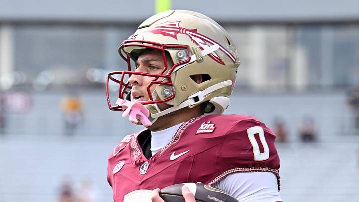Oct 3, 2026; Tallahassee, Florida, USA;  Florida State Seminoles wide receiver Duce Robinson (0) warms up before the game against the Virginia Cavaliers at Doak S. Campbell Stadium.  Mandatory Credit: Melina Myers-Imagn Images