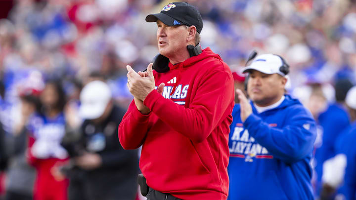 Nov 23, 2024; Kansas City, Missouri, USA;  Kansas head coach Lance Leipold celebrates a scoring play during the 1st quarter between the Kansas Jayhawks and the Colorado Buffaloes at GEHA Field at Arrowhead Stadium. Mandatory Credit: Nick Tre. Smith-Imagn Images