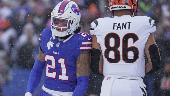 Buffalo Bills safety Jordan Poyer reacts to a tackle during first half action at Highmark Stadium in Orchard Park on Dec. 7, 2025.