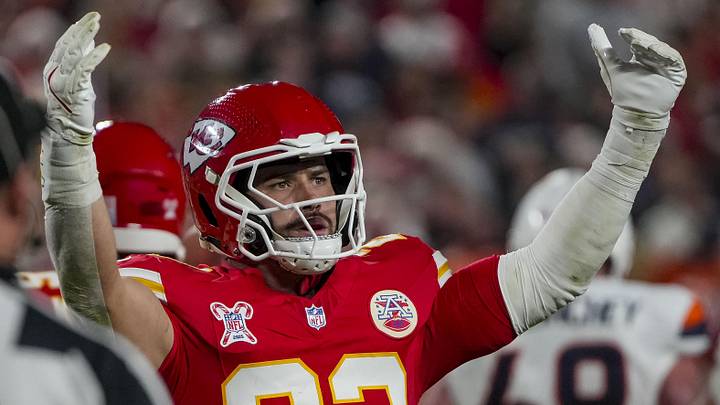 Dec 25, 2025; Kansas City, Missouri, USA; Kansas City Chiefs linebacker Drue Tranquill (23) cheers during a time out during the second quarter at GEHA Field at Arrowhead Stadium. Mandatory Credit: Denny Medley-Imagn Images