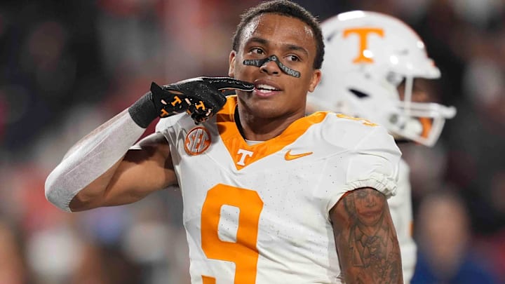 Tennessee defensive back Jakobe Thomas (9) warms up before a college football game between Tennessee and Georgia at Sanford Stadium in Athens, Ga., on Saturday, Nov. 16, 2024.