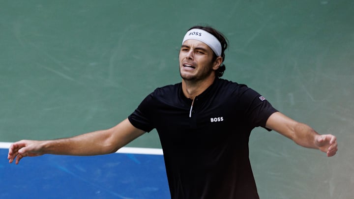 Sep 3, 2024; Flushing, NY, USA; Taylor Fritz of the United States celebrates his victory over Alexander Zverev of Germany on day nine of the U.S. Open tennis tournament at the USTA Billie Jean King National Tennis Center. Mandatory Credit: Mike Frey-Imagn Images