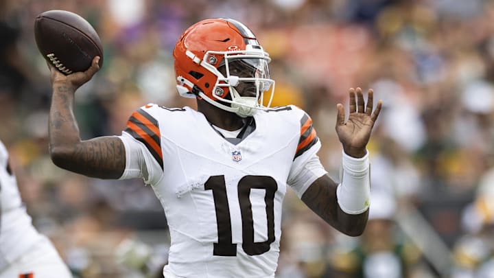 Aug 10, 2024; Cleveland, Ohio, USA; Cleveland Browns quarterback Tyler Huntley (10) throws the ball against the Green Bay Packers during the second quarter at Cleveland Browns Stadium.
