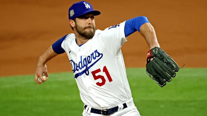 Oct 27, 2020; Arlington, Texas, USA; Los Angeles Dodgers relief pitcher Dylan Floro (51) pitches during the second inning against the Tampa Bay Rays during game six of the 2020 World Series at Globe Life Field. Mandatory Credit: Kevin Jairaj-Imagn Images