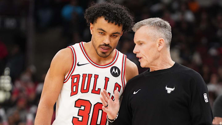 Feb 21, 2026; Chicago, Illinois, USA; Chicago Bulls head coach Billy Donovan talks with guard Tre Jones (30) against the Detroit Pistons during the first half at United Center. Mandatory Credit: David Banks-Imagn Images Feb 21, 2026; Chicago, Illinois, USA; Chicago Bulls head coach Billy Donovan talks with guard Tre Jones (30) against the Detroit Pistons during the first half at United Center. Mandatory Credit: David Banks-Imagn Images