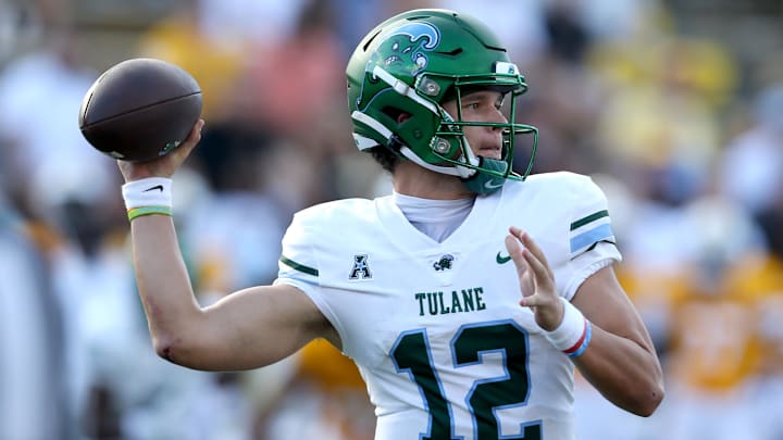 Sep 16, 2023; Hattiesburg, Mississippi, USA; Tulane Green Wave quarterback Kai Horton (12) looks to throw against the Southern Miss Golden Eagles in the second half at M.M. Roberts Stadium