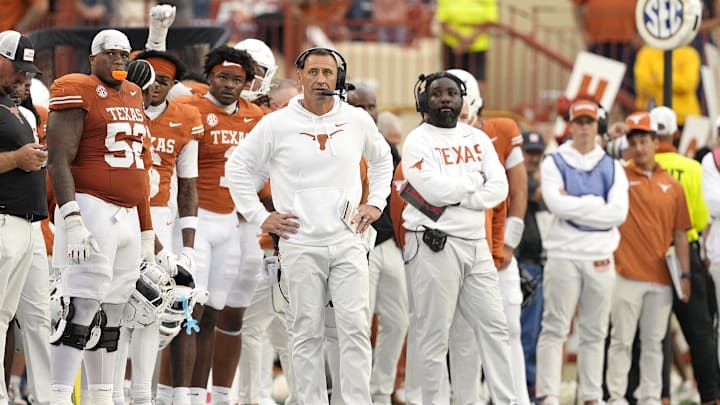 Nov 1, 2025; Austin, Texas, USA; Texas Longhorns head coach Steve Sarkisian observes the second half against the Vanderbilt Commodores at Darrell K Royal-Texas Memorial Stadium. Mandatory Credit: Scott Wachter-Imagn Images