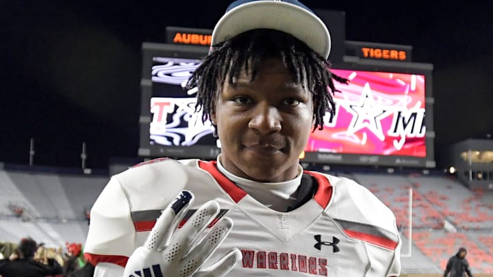 Thompson's Tony Mitchell celebrates after defeating Auburn in the AHSAA 7A State Football Championship game at Jordan Hare Stadium in Auburn, Ala., on Wednesday November 30, 2022. Thompson's Tony Mitchell celebrates after defeating Auburn in the AHSAA 7A State Football Championship game at Jordan Hare Stadium in Auburn, Ala., on Wednesday November 30, 2022.