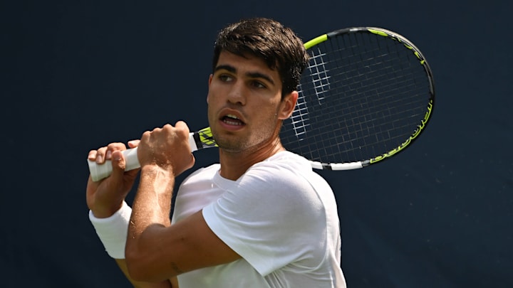 Carlos Alcaraz is seen on the practice court at the USTA Billie Jean King National Tennis Center.