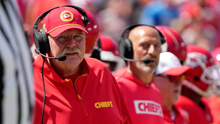 Aug 17, 2024; Kansas City, Missouri, USA; Kansas City Chiefs head coach Andy Reid watches play against the Detroit Lions during the first half at GEHA Field at Arrowhead Stadium. Mandatory Credit: Denny Medley-Imagn Images Aug 17, 2024; Kansas City, Missouri, USA; Kansas City Chiefs head coach Andy Reid watches play against the Detroit Lions during the first half at GEHA Field at Arrowhead Stadium. Mandatory Credit: Denny Medley-Imagn Images