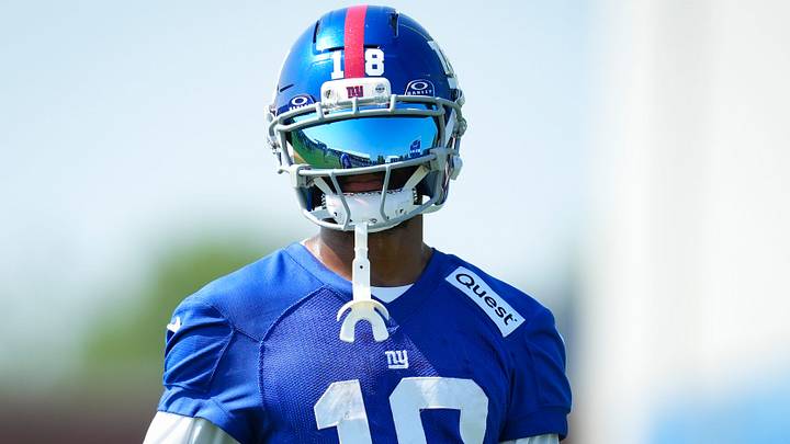 New York Giants wide receiver Darius Slayton (18) looks on on day two of training camp at Quest Diagnostics Giants Training Center, Jul 24, 2025, East Rutherford, NJ, USA. New York Giants wide receiver Darius Slayton (18) looks on on day two of training camp at Quest Diagnostics Giants Training Center, Jul 24, 2025, East Rutherford, NJ, USA.