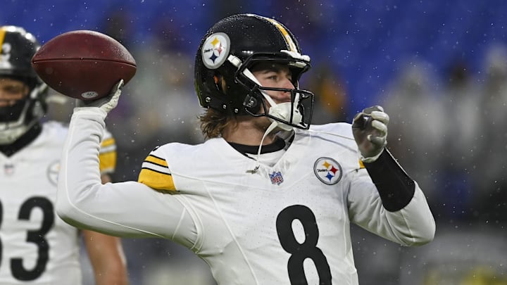 Jan 6, 2024; Baltimore, Maryland, USA;  Pittsburgh Steelers quarterback Kenny Pickett (8) warms up before the game against the Baltimore Ravens at M&T Bank Stadium. Mandatory Credit: Tommy Gilligan-Imagn Images