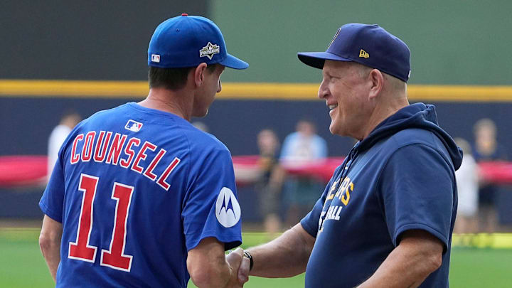 Chicago Cubs manager Craig Counsell (11) and Milwaukee Brewers manager Pat Murphy (49) shake hands before the National League Division Series game on Saturday October 4, 2025 at American Family Field in Milwaukee, Wisconsin.