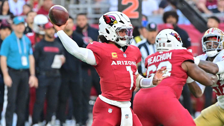 Jan 5, 2025; Glendale, Arizona, USA; Arizona Cardinals quarterback Kyler Murray (1) throws inthe first half against the San Francisco 49ers at State Farm Stadium. Mandatory Credit: Matt Kartozian-Imagn Images