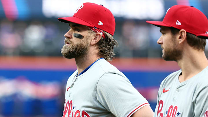 Oct 8, 2024; New York City, New York, USA; Philadelphia Phillies first baseman Bryce Harper (3) looks on before game three against the New York Mets in the NLDS for the 2024 MLB Playoffs at Citi Field