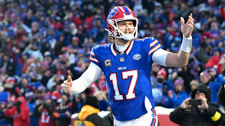 Jan 4, 2026; Orchard Park, New York, USA; Buffalo Bills quarterback Josh Allen (17) runs onto the field before the game against the New York Jets at Highmark Stadium. Mandatory Credit: Mark Konezny-Imagn Images
