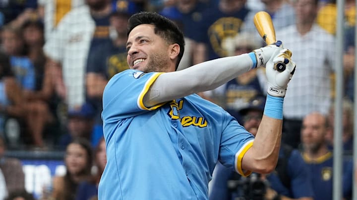 Former Brewers player Ryan Braun (8), captain of Team Braun, participates in the 25 season Alumni Home Run Derby on Friday July 25, 2025 at American Family Field in Milwaukee, WI.