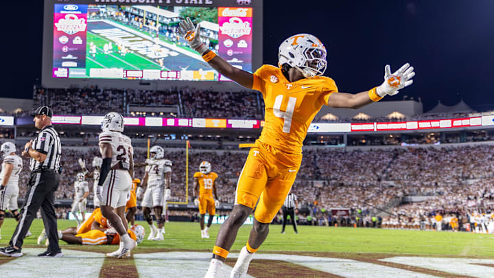 Sep 27, 2025; Starkville, Mississippi, USA; Tennessee Volunteers wide receiver Mike Matthews (4) reacts after winning the game against the Mississippi State Bulldogs at Davis Wade Stadium at Scott Field. Mandatory Credit: Wesley Hale-Imagn Images