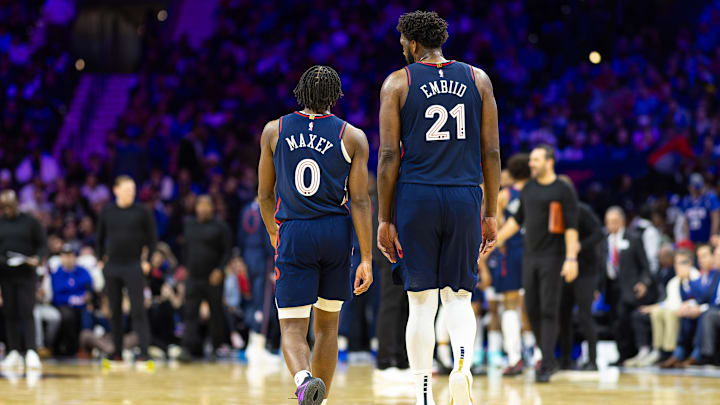 Dec 20, 2023; Philadelphia, Pennsylvania, USA; Philadelphia 76ers center Joel Embiid (21) and guard