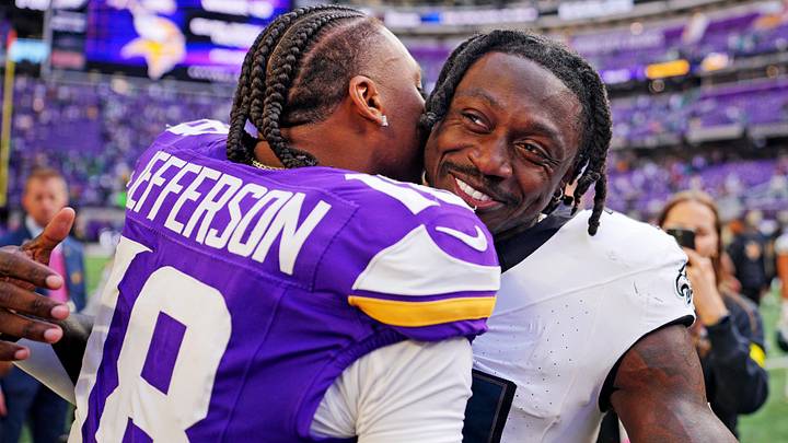 Oct 19, 2025; Minneapolis, Minnesota, USA; Minnesota Vikings wide receiver Justin Jefferson (18) and Philadelphia Eagles wide receiver A.J. Brown (11) react after the game at U.S. Bank Stadium. Oct 19, 2025; Minneapolis, Minnesota, USA; Minnesota Vikings wide receiver Justin Jefferson (18) and Philadelphia Eagles wide receiver A.J. Brown (11) react after the game at U.S. Bank Stadium.
