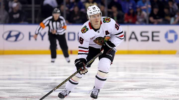 Mar 27, 2026; New York, New York, USA; Chicago Blackhawks center Connor Bedard (98) skates with the puck against the New York Rangers during the third period at Madison Square Garden. Mandatory Credit: Brad Penner-Imagn Images