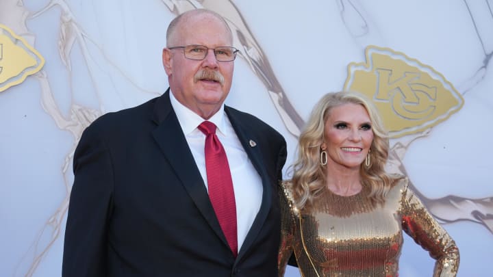 Jun 13, 2024; Kansas City, MO, USA; Kansas City Chiefs head coach Andy Reid pose for a photo on the red carpet at the Nelson Art Gallery. Mandatory Credit: Denny Medley-USA TODAY Sports