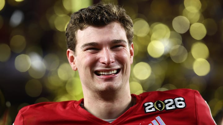 Jan 19, 2026; Miami Gardens, FL, USA; Indiana Hoosiers quarterback Fernando Mendoza (15) reacts after the College Football Playoff National Championship game against the Miami Hurricanes at Hard Rock Stadium. Mandatory Credit: Mark J. Rebilas-Imagn Images