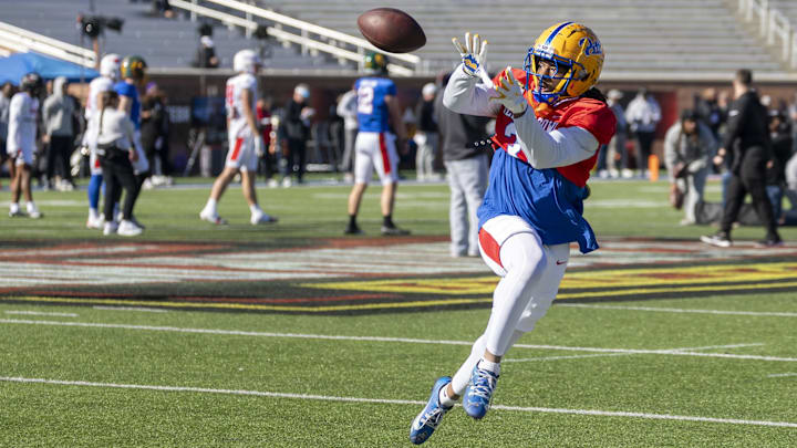 National Team linebacker Kyle Louis of Pittsburgh practices during National Senior Bowl practice at Hancock Whitney Stadium. 