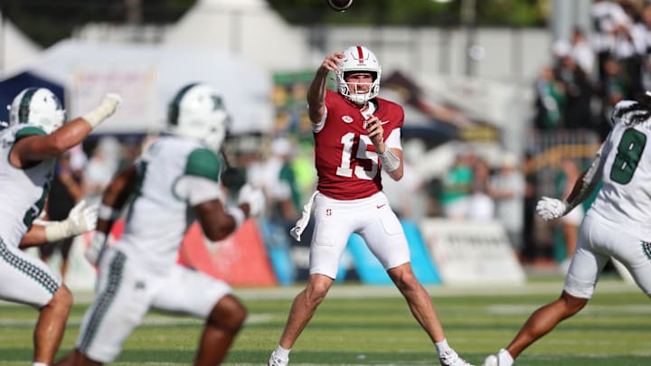 Aug 23, 2025; Honolulu, Hawaii, USA; Stanford Cardinal quarterback Ben Gulbranson (15) makes a pass against Hawaii Rainbow Warriors during the second half at Clarence T.C. Ching Athletics Complex. Mandatory Credit: Marco Garcia-Imagn Images Aug 23, 2025; Honolulu, Hawaii, USA; Stanford Cardinal quarterback Ben Gulbranson (15) makes a pass against Hawaii Rainbow Warriors during the second half at Clarence T.C. Ching Athletics Complex. Mandatory Credit: Marco Garcia-Imagn Images