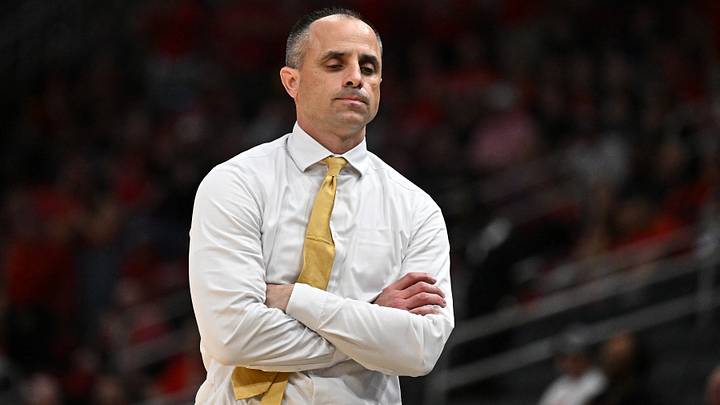 Mar 26, 2026; Houston, TX, USA; Iowa Hawkeyes head coach Ben McCollum reacts in the first half during a Sweet Sixteen game of the South Regional of the men's 2026 NCAA Tournament at Toyota Center. Mandatory Credit: Maria Lysaker-Imagn Images