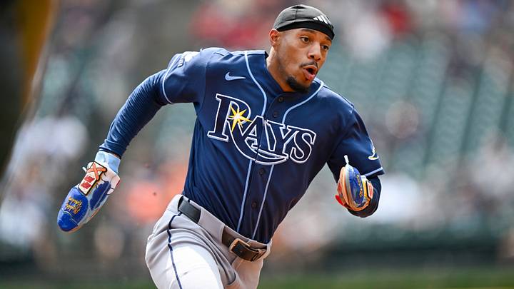 Aug 26, 2026; Detroit, Michigan, USA;  Tampa Bay Rays left fielder Chandler Simpson (14) rounds third base on his way to scoring a run  against the Detroit Tigers in the second inning at Comerica Park.  Mandatory Credit: Lon Horwedel-Imagn Images