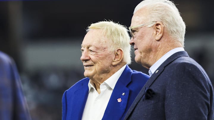 Dallas Cowboys co-owners Jerry Jones and Stephen Jones on the field during pregame warmups against the Los Angeles Chargers.