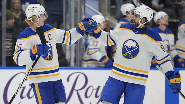 Jan 27, 2026; Toronto, Ontario, CAN; Buffalo Sabres forward Alex Tuch (89) congratulates defenseman Rasmus Dahlin (26) on his goal against the Toronto Maple Leafs during the third period at Scotiabank Arena. Mandatory Credit: John E. Sokolowski-Imagn Images