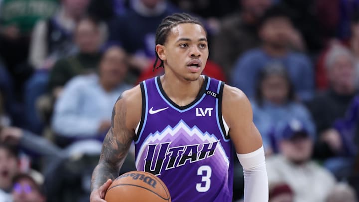 Dec 30, 2025; Salt Lake City, Utah, USA; Utah Jazz guard Keyonte George (3) brings the ball up the court against the Boston Celtics during the second half at Delta Center. Mandatory Credit: Rob Gray-Imagn Images