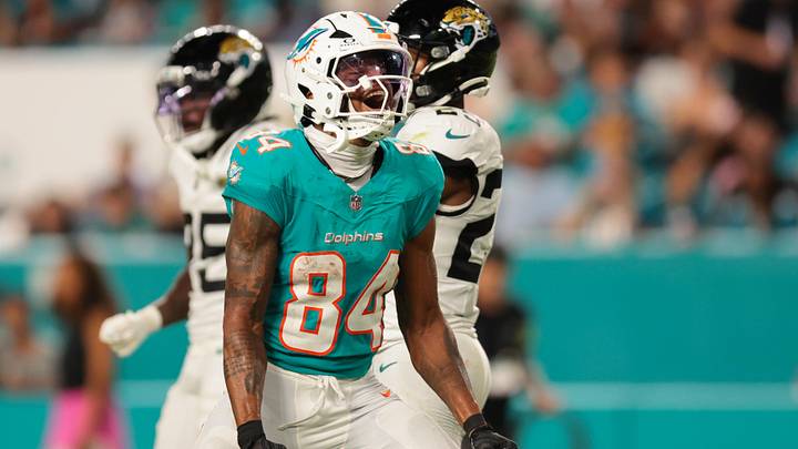Miami Dolphins wide receiver Erik Ezukanma reacts after catching the football against the Jacksonville Jaguars during the third quarter at Hard Rock Stadium during the 2025 preseason. Miami Dolphins wide receiver Erik Ezukanma reacts after catching the football against the Jacksonville Jaguars during the third quarter at Hard Rock Stadium during the 2025 preseason.