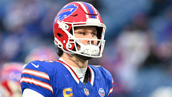 Buffalo Bills quarterback Josh Allen looks on during warmups before the game against the New York Jets.