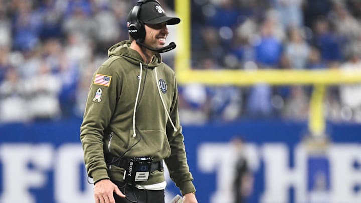 Oct 26, 2025; Indianapolis, Indiana, USA; Indianapolis Colts head coach Shane Steichen looks on during the second quarter against the Tennessee Titans at Lucas Oil Stadium. Mandatory Credit: Robert Goddin-Imagn Images
