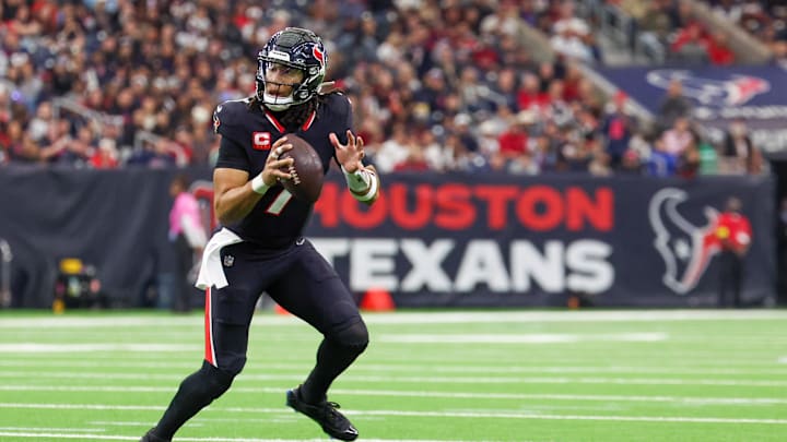 Dec 14, 2025; Houston, Texas, USA; Houston Texans quarterback C.J. Stroud (7) scrambles against the Arizona Cardinals in the second quarter at NRG Stadium. Mandatory Credit: Thomas Shea-Imagn Images Dec 14, 2025; Houston, Texas, USA; Houston Texans quarterback C.J. Stroud (7) scrambles against the Arizona Cardinals in the second quarter at NRG Stadium. Mandatory Credit: Thomas Shea-Imagn Images
