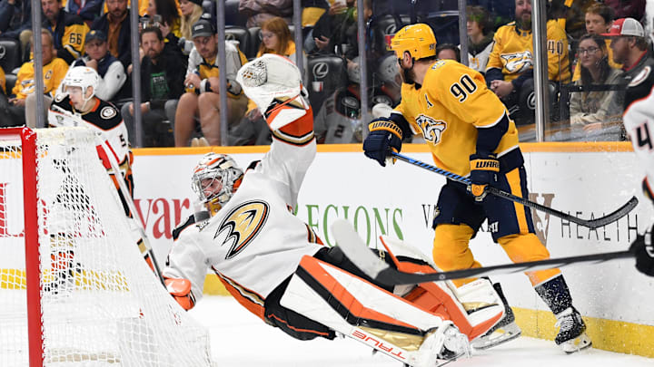 Nov 14, 2023; Nashville, Tennessee, USA; Anaheim Ducks goaltender John Gibson (36) falls behind the