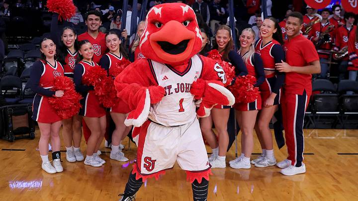 Mar 12, 2026; New York, NY, USA; St. John's Red Storm cheerleaders and mascot perform before their game against the Providence Friars at Madison Square Garden. Mandatory Credit: Brad Penner-Imagn Images