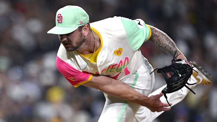 Jul 12, 2024; San Diego, California, USA; San Diego Padres relief pitcher Logan Gillaspie (71) pitches against the Atlanta Braves during the eighth inning at Petco Park. Mandatory Credit: Orlando Ramirez-Imagn Images Jul 12, 2024; San Diego, California, USA; San Diego Padres relief pitcher Logan Gillaspie (71) pitches against the Atlanta Braves during the eighth inning at Petco Park. Mandatory Credit: Orlando Ramirez-Imagn Images